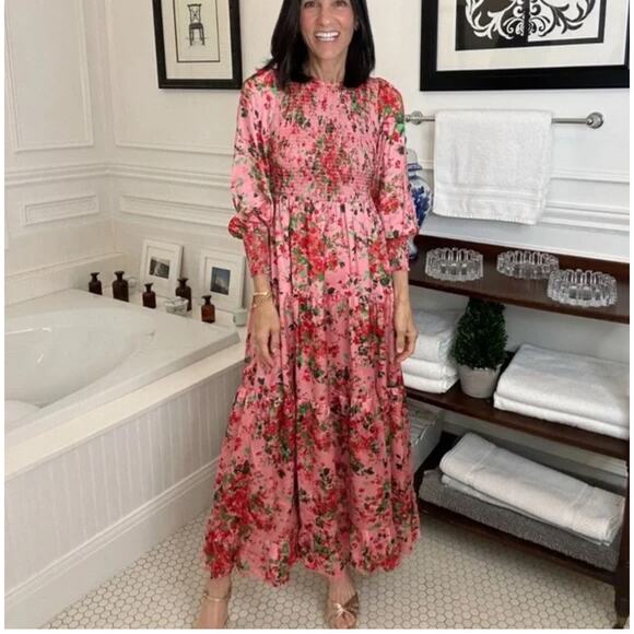 TUCKERNUCK Peony Meadows Libby Maxi Dress Pink Tiered Maxi Balloon Sleeve Sz XL - Picture 1 of 7
